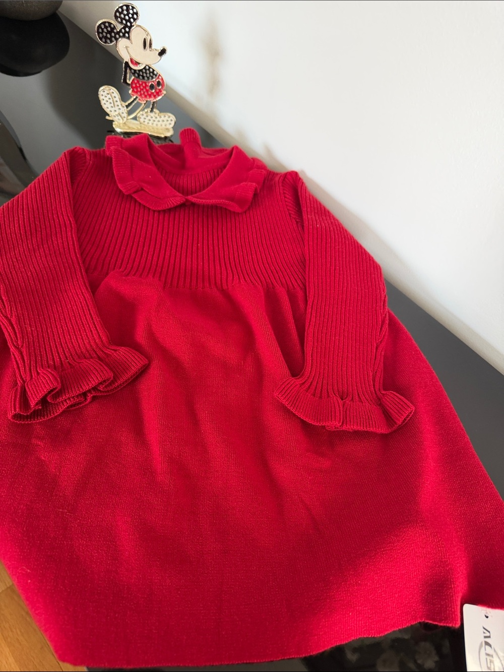 Girls' Red Knit Dress with Ruffle Collar